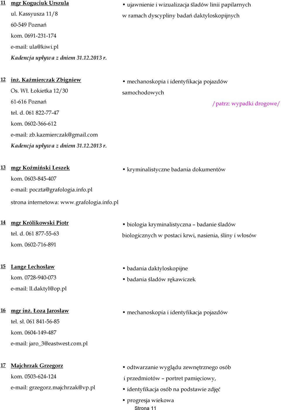 kazmierczak@gmail.com Kadencja upływa z dniem 31.12.2013 r. samochodowych /patrz: wypadki drogowe/ 13 mgr Koźmiński Leszek kryminalistyczne badania dokumentów kom.