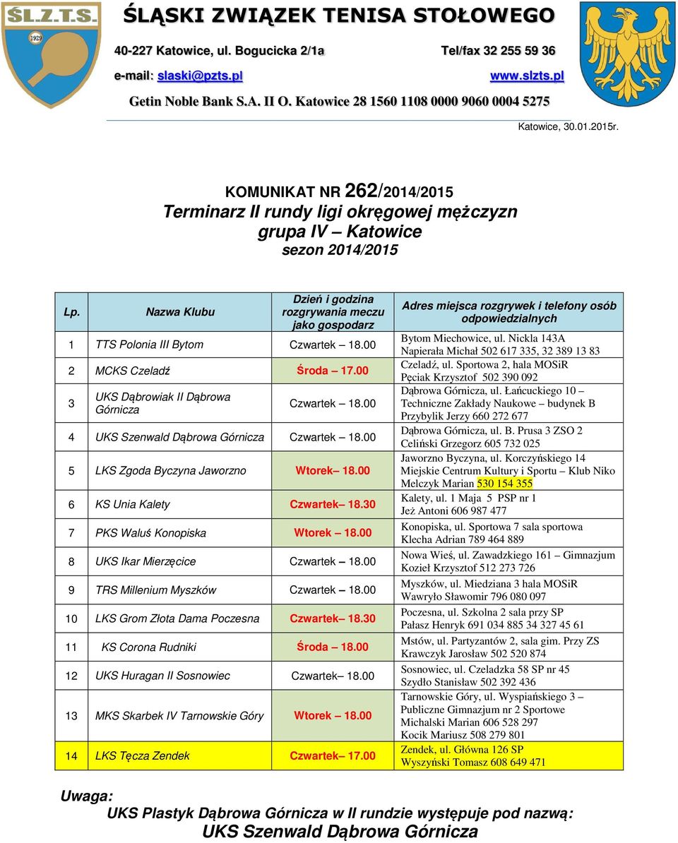 Nazwa Klubu Dzień i godzina rozgrywania jako gospodarz 1 TTS Polonia III Bytom Czwartek 2 MCKS Czeladź Środa 17.