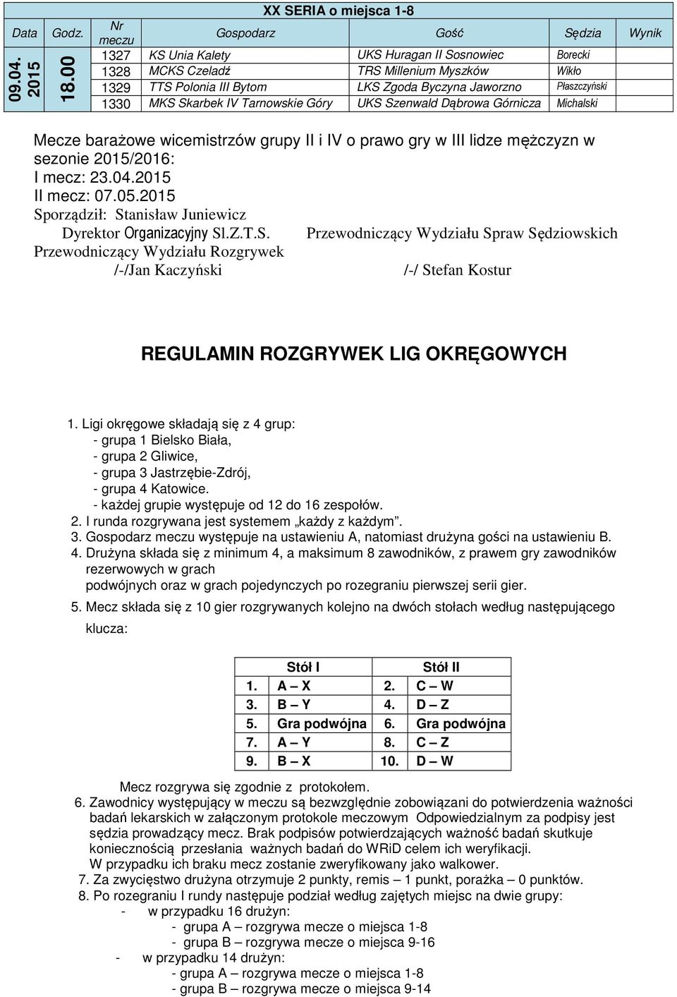 MKS Skarbek IV Tarnowskie Góry UKS Szenwald Dąbrowa Górnicza Michalski Mecze barażowe wicemistrzów grupy II i IV o prawo gry w III lidze mężczyzn w sezonie 2015/2016: I mecz: 23.04.2015 II mecz: 07.