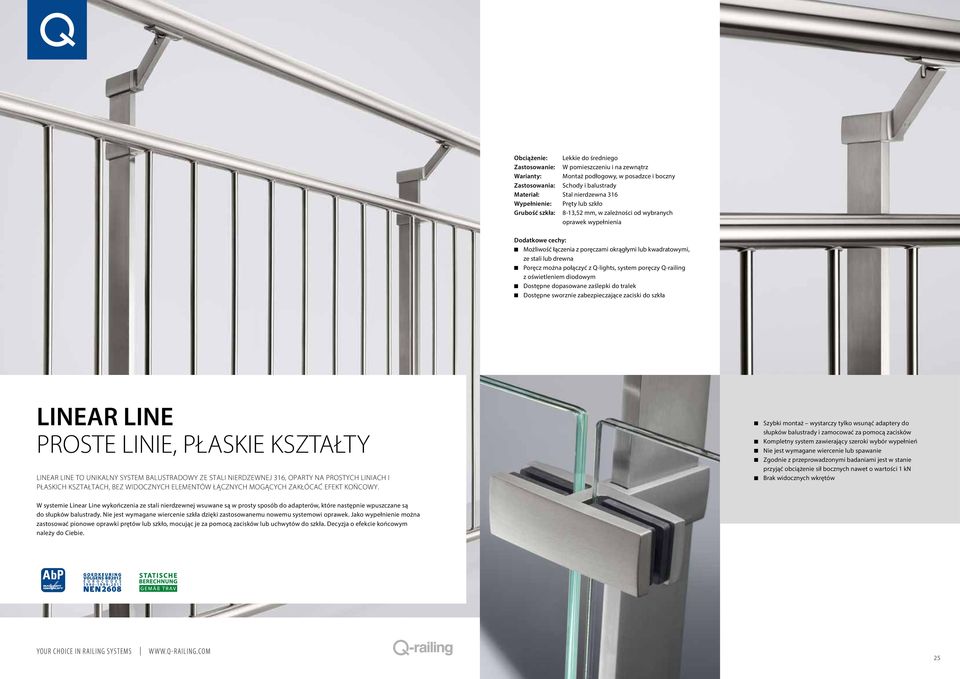 tralek Dostępne sworznie zabezpieczające zaciski do szkła LINEAR LINE PROSTE LINIE, PŁASKIE KSZTAŁTY LINEAR LINE TO UNIKALNY SYSTEM BALUSTRADOWY ZE STALI NIERDZEWNEJ 316, OPARTY NA PROSTYCH LINIACH I