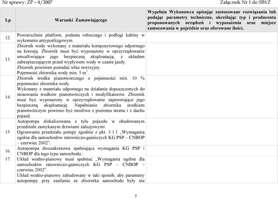 Pojemność zbiornika wody min. 5 m 3. Zbiornik środka pianotwórczego o pojemności min. 10 % pojemności zbiornika wody.