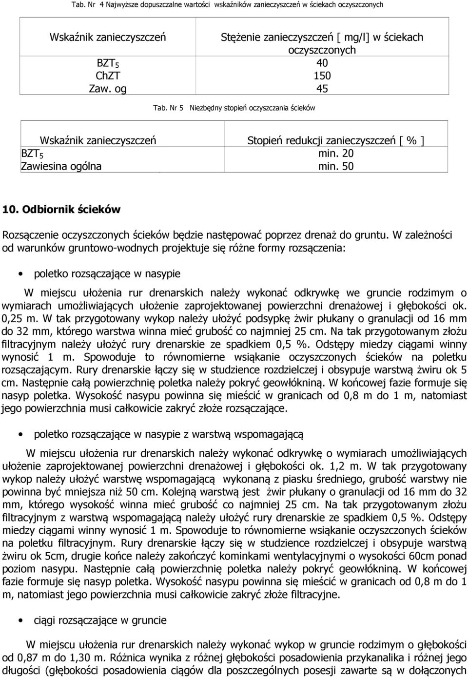 Odbiornik ścieków Rozsączenie oczyszczonych ścieków będzie następować poprzez drenaż do gruntu.