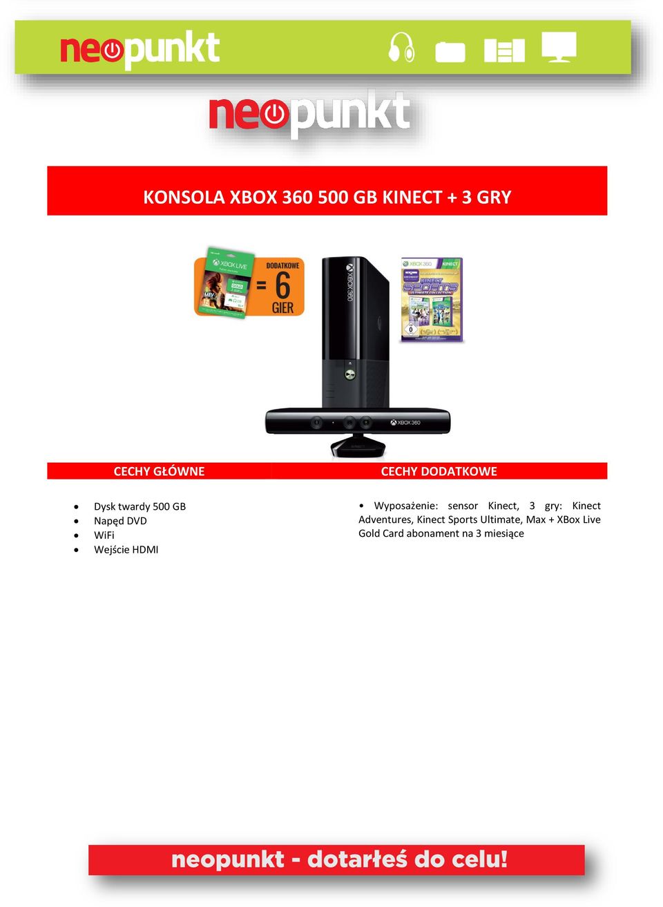 Wyposażenie: sensor Kinect, 3 gry: Kinect Adventures, Kinect