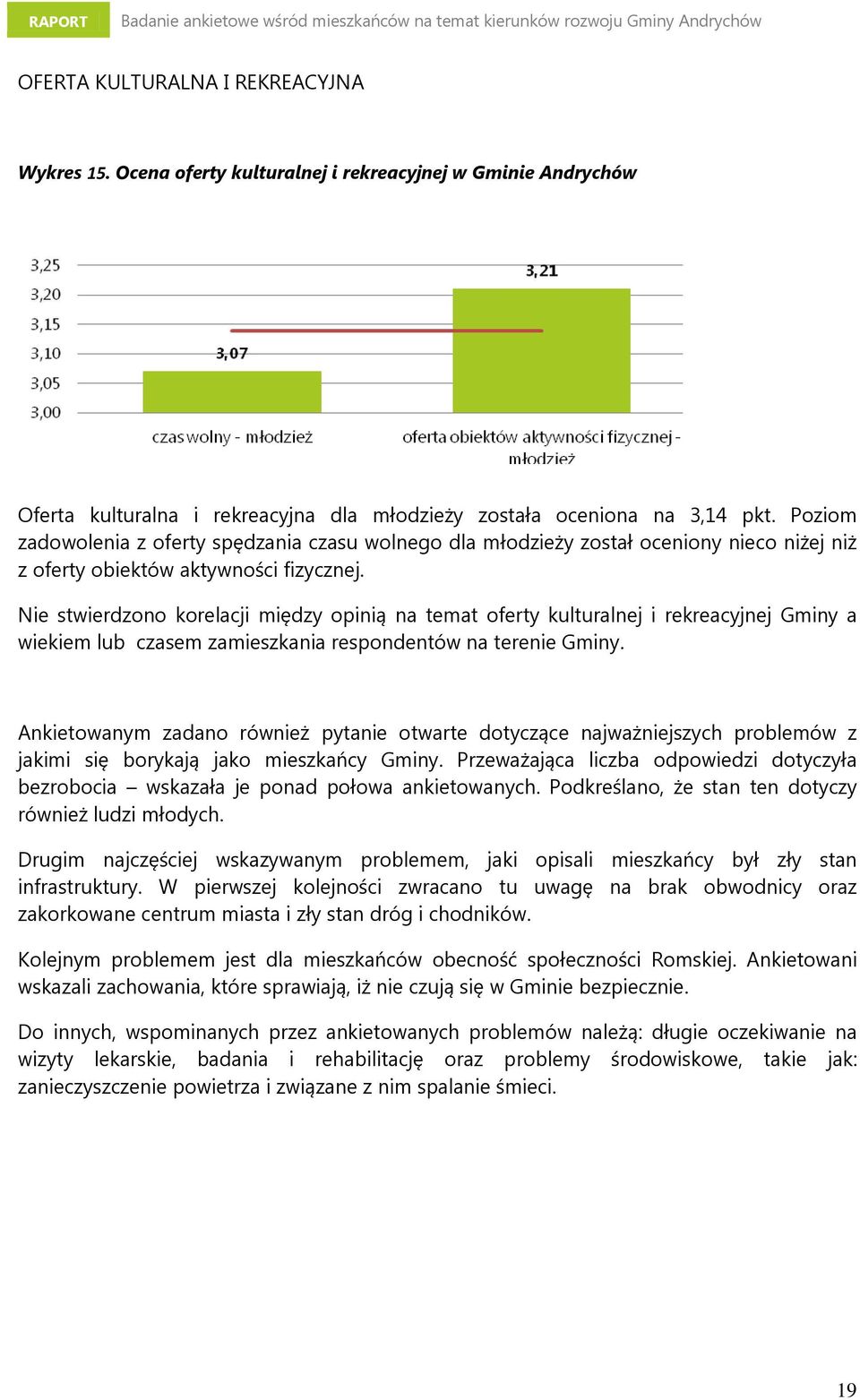 Nie stwierdzono korelacji między opinią na temat oferty kulturalnej i rekreacyjnej Gminy a wiekiem lub czasem zamieszkania respondentów na terenie Gminy.