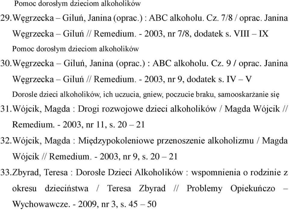 IV V Dorosle dzieci alkoholików, ich uczucia, gniew, poczucie braku, samooskarżanie się 31. Wójcik, Magda : Drogi rozwojowe dzieci alkoholików / Magda Wójcik // Remedium. - 2003, nr 11, s. 20 21 32.