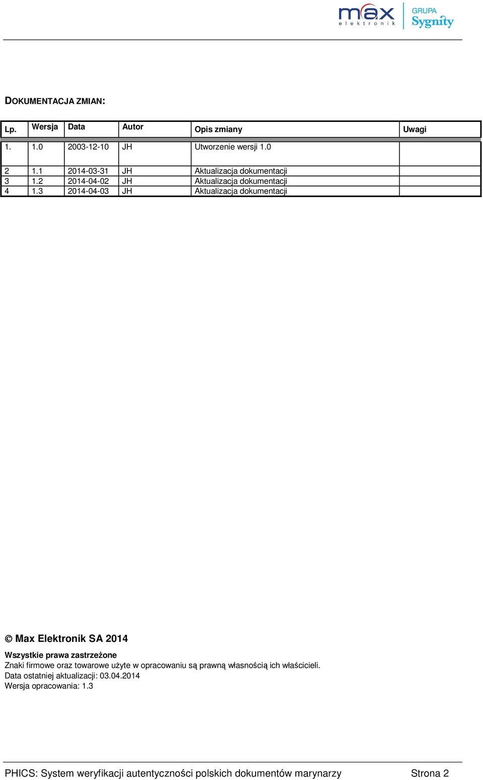 3 2014-04-03 JH Aktualizacja dokumentacji Max Elektronik SA 2014 Wszystkie prawa zastrzeżone Znaki firmowe oraz towarowe użyte w