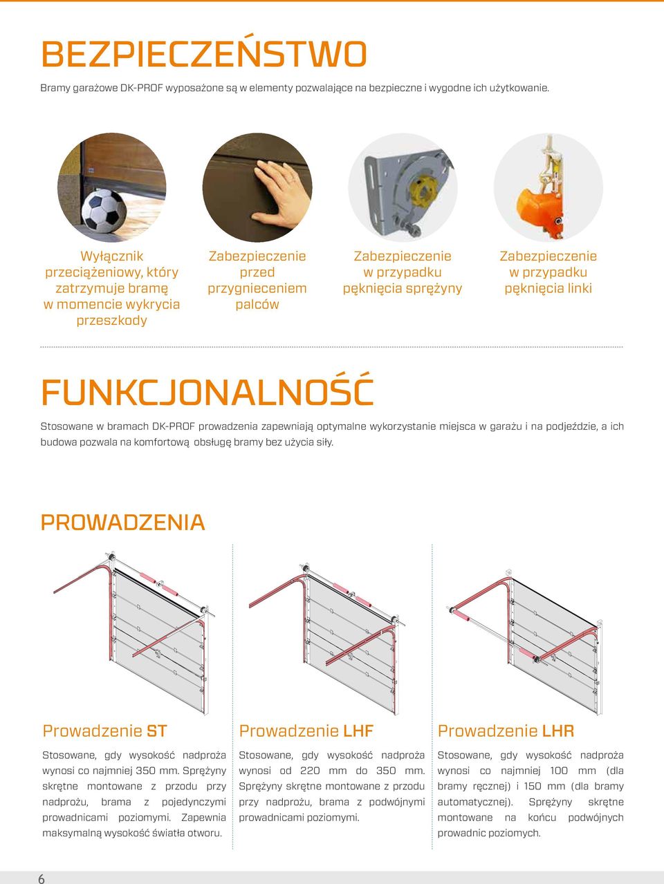 pęknięcia linki FUNKCJONALNOŚĆ Stosowane w bramach DK-PROF prowadzenia zapewniają optymalne wykorzystanie miejsca w garażu i na podjeździe, a ich budowa pozwala na komfortową obsługę bramy bez użycia