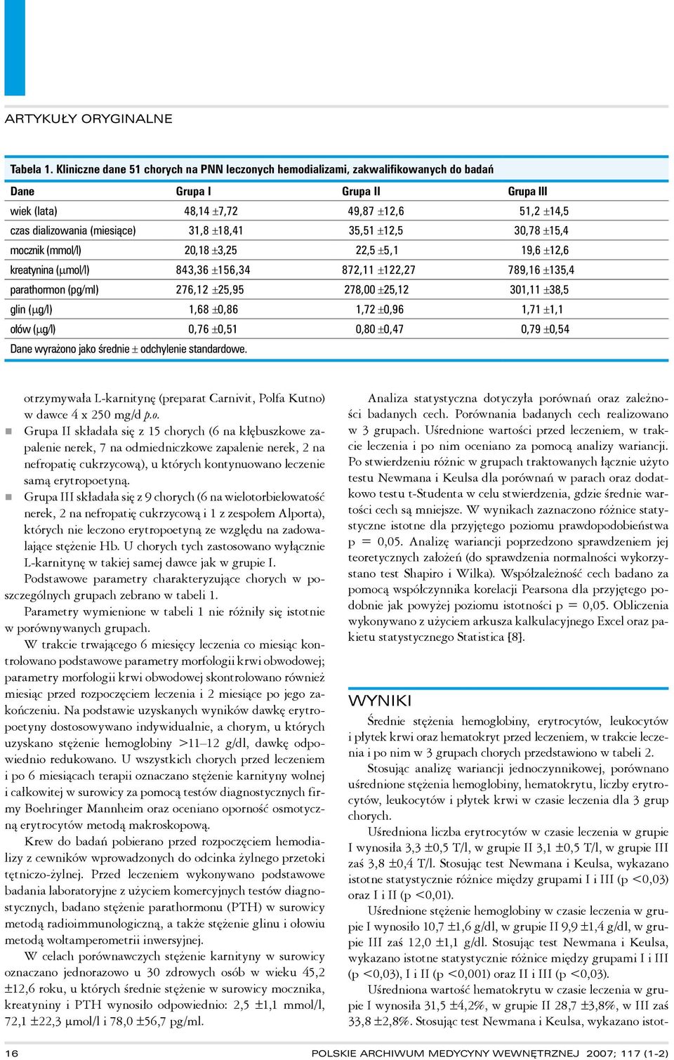 ±18,41 35,51 ±12,5 30,78 ±15,4 mocznik (mmol/l) 20,18 ±3,25 22,5 ±5,1 19,6 ±12,6 kreatynina (µmol/l) 843,36 ±156,34 872,11 ±122,27 789,16 ±135,4 parathormon (pg/ml) 276,12 ±25,95 278,00 ±25,12 301,11