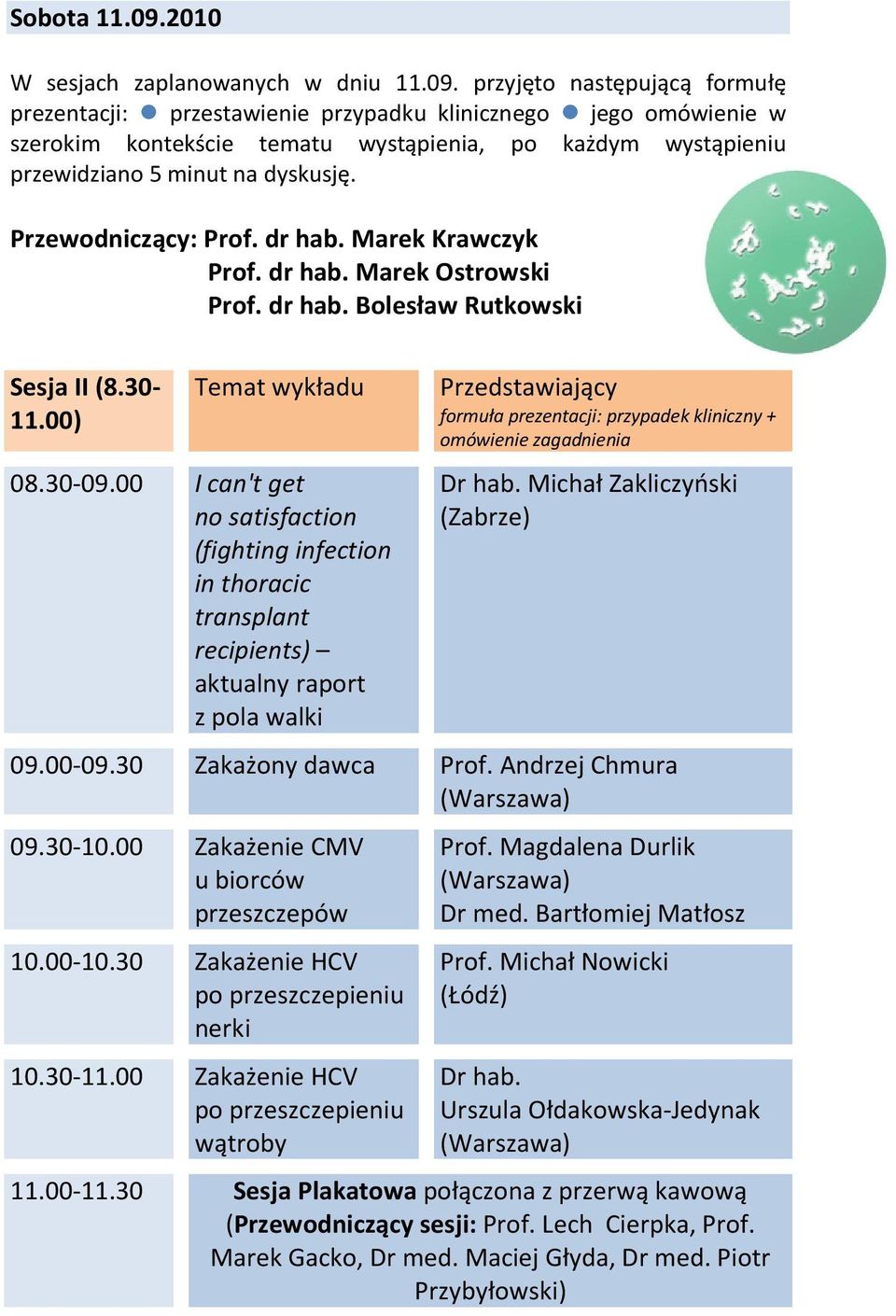 przyjęto następującą formułę prezentacji: przestawienie przypadku klinicznego jego omówienie w szerokim kontekście tematu wystąpienia, po każdym wystąpieniu przewidziano 5 minut na dyskusję.