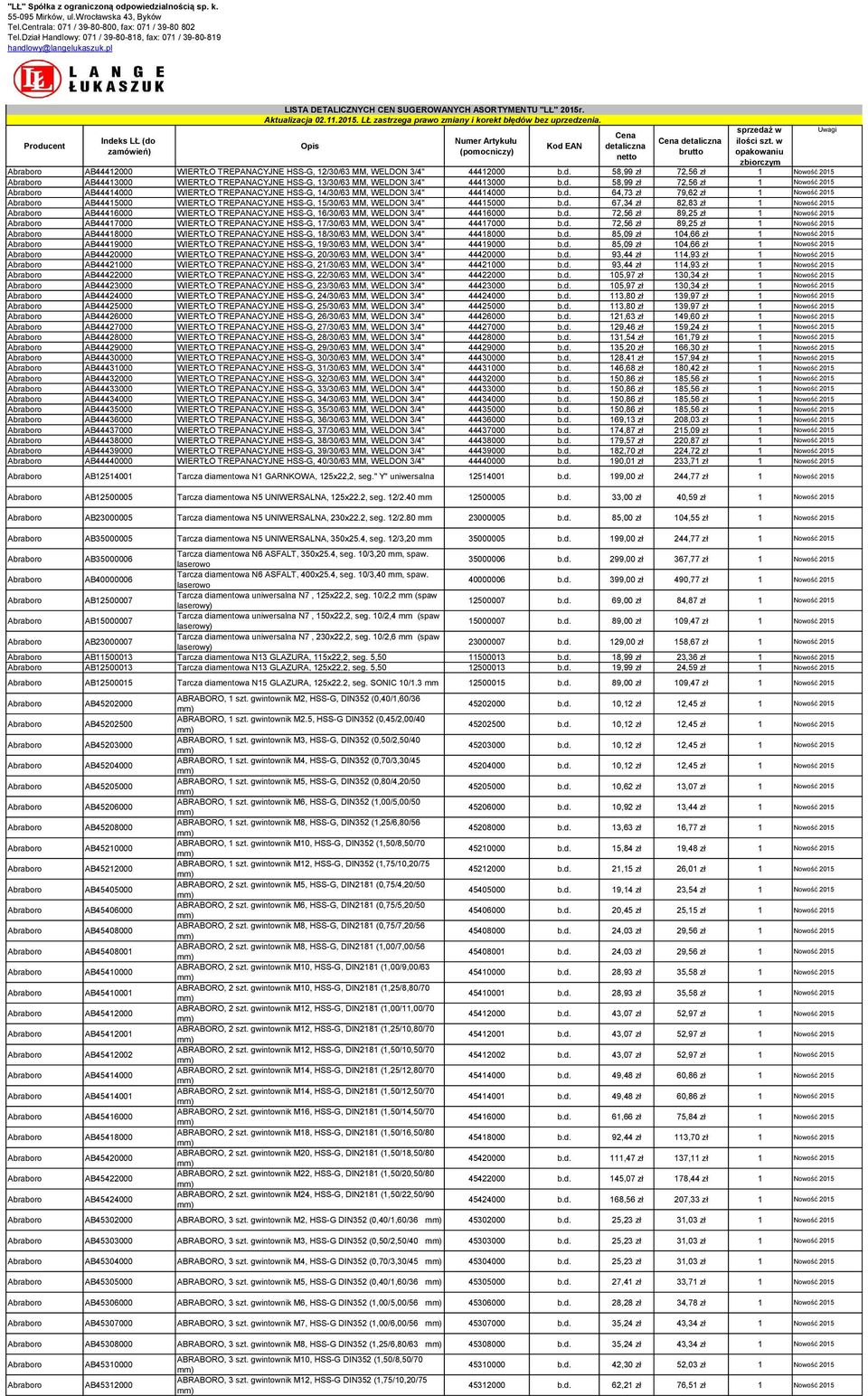 . Aktualizacja 02.11.2015. LŁ zastrzega prawo zmiany i korekt błędów bez uprzedzenia. Opis Numer Artykułu (pomocniczy) Kod EAN Cena detaliczna netto Cena detaliczna brutto sprzedaż w ilości szt.