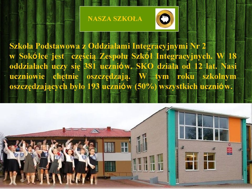 W 18 oddziałach uczy się 381 uczniów. SKO działa od 12 lat.