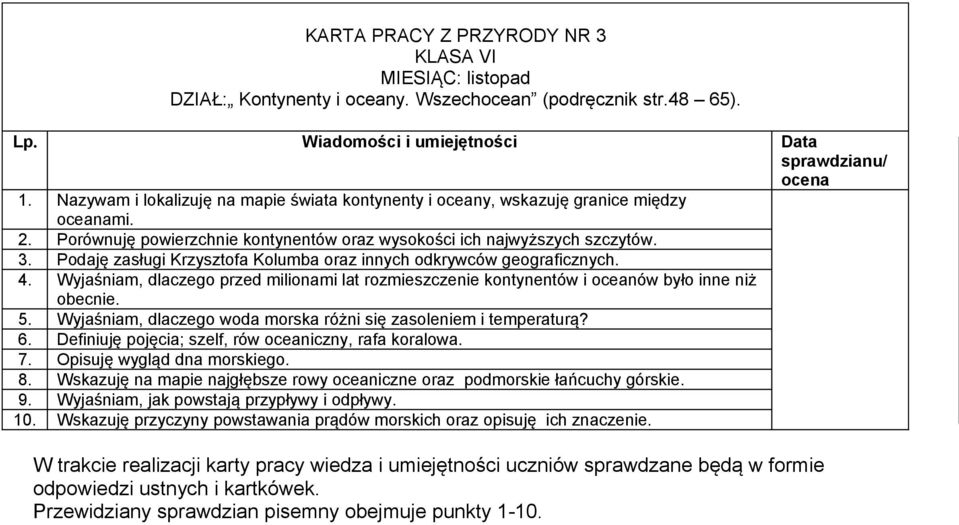 Podaję zasługi Krzysztofa Kolumba oraz innych odkrywców geograficznych. 4. Wyjaśniam, dlaczego przed milionami lat rozmieszczenie kontynentów i oceanów było inne niż obecnie. 5.