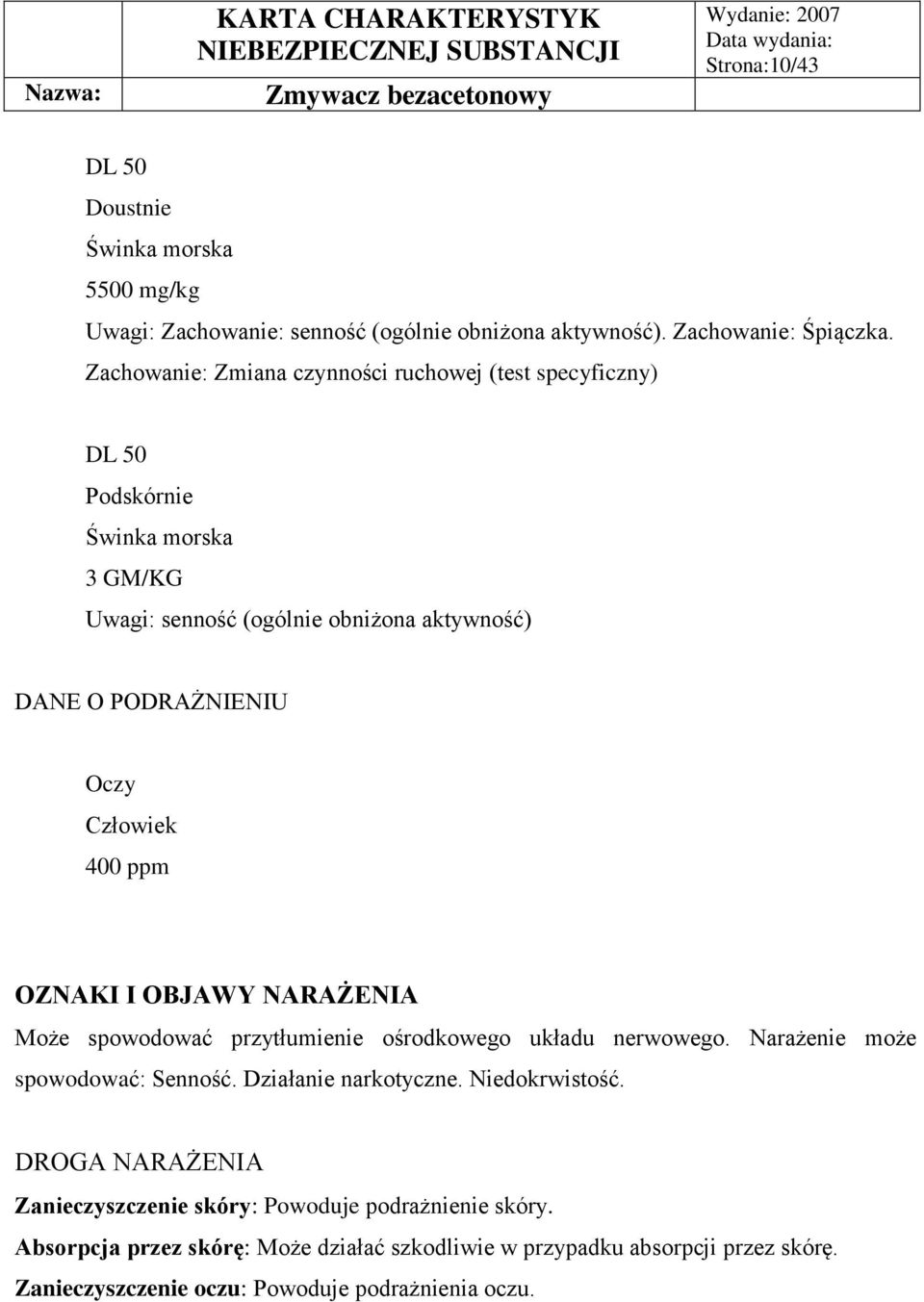 Człowiek 400 ppm OZNAKI I OBJAWY NARAŻENIA Może spowodować przytłumienie ośrodkowego układu nerwowego. Narażenie może spowodować: Senność. Działanie narkotyczne.