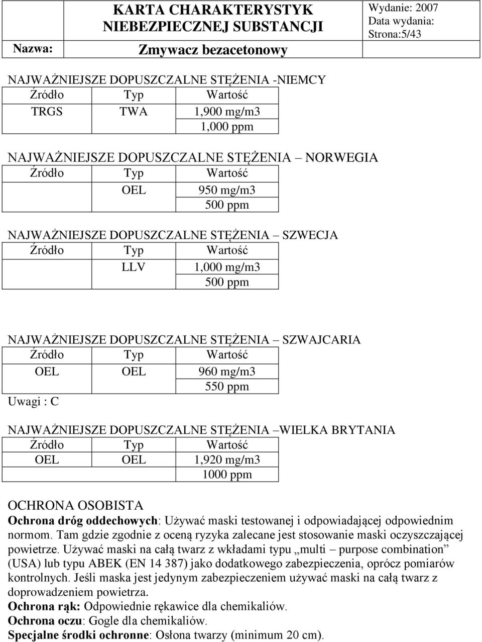 NAJWAŻNIEJSZE DOPUSZCZALNE STĘŻENIA WIELKA BRYTANIA Źródło Typ Wartość OEL OEL 1,920 mg/m3 1000 ppm OCHRONA OSOBISTA Ochrona dróg oddechowych: Używać maski testowanej i odpowiadającej odpowiednim