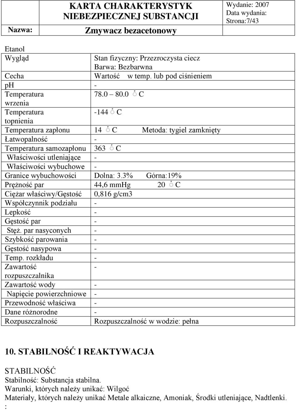 wybuchowości Dolna: 3.3% Górna:19% Prężność par 44,6 mmhg 20 C Ciężar właściwy/gęstość 0,816 g/cm3 Współczynnik podziału - Lepkość - Gęstość par - Stęż.