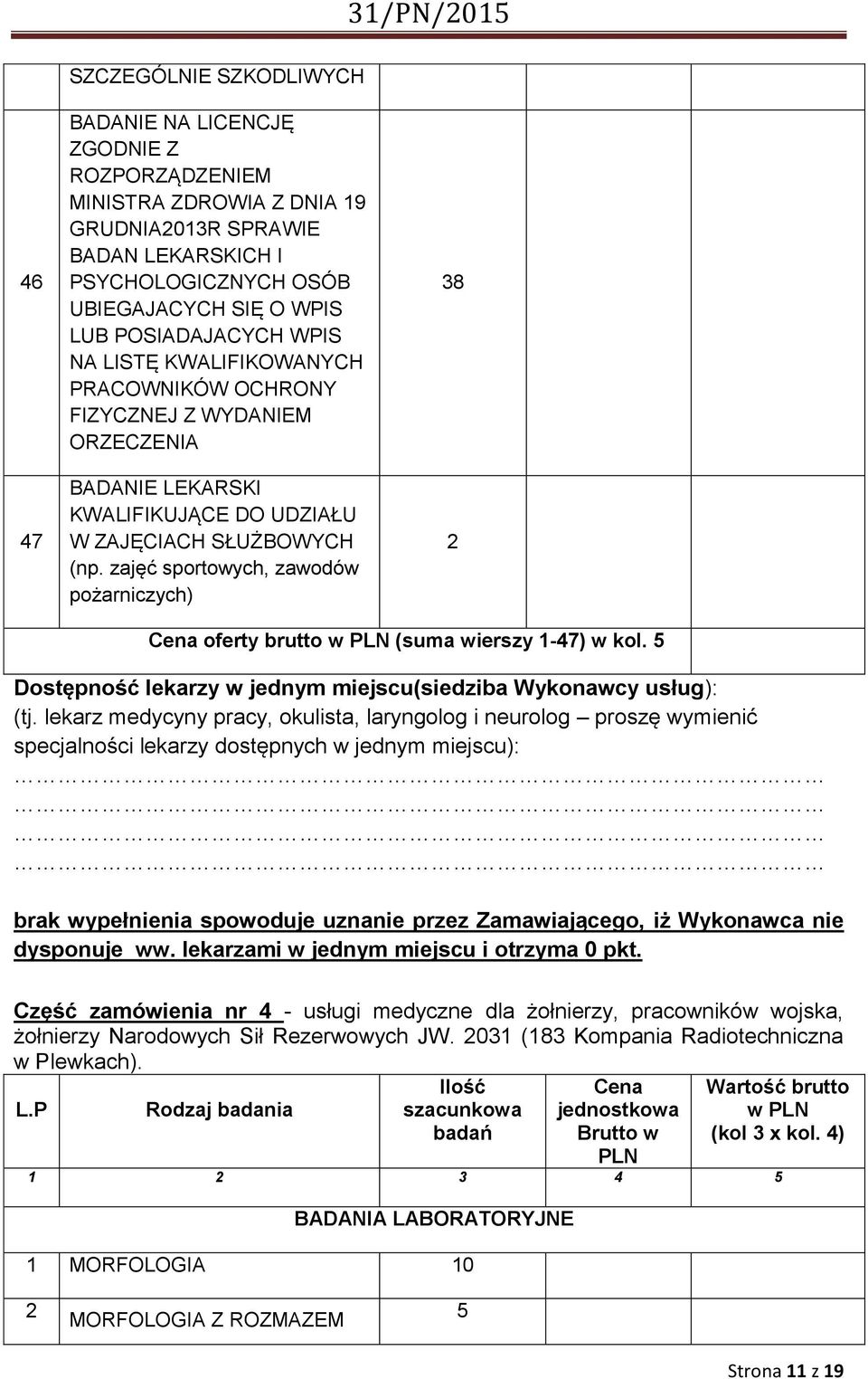 zajęć sportowych, zawodów pożarniczych) 38 Cena oferty brutto w PLN (suma wierszy -47) w kol. 5 Dostępność lekarzy w jednym miejscu(siedziba Wykonawcy usług): (tj.