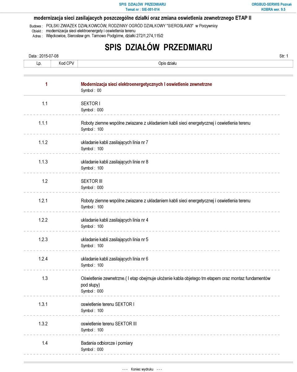 1.2 układanie kabli zasilających linia nr 7 1.1.3 układanie kabli zasilających linie nr 8 1.2 SEKTOR III 1.2.1 Roboty ziemne wspólne zwiazane z układaniem kabli sieci energetycznej i oswietlenia terenu 1.