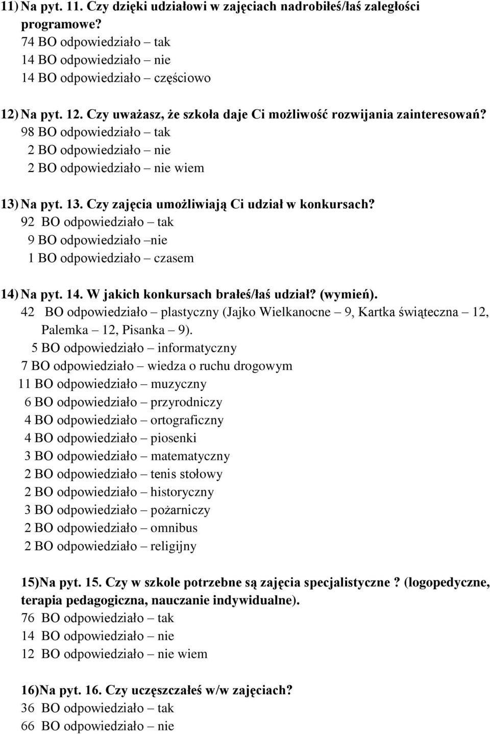 Na pyt. 13. Czy zajęcia umożliwiają Ci udział w konkursach? 9 BO odpowiedziało nie 1 BO odpowiedziało czasem 14) Na pyt. 14. W jakich konkursach brałeś/łaś udział? (wymień).