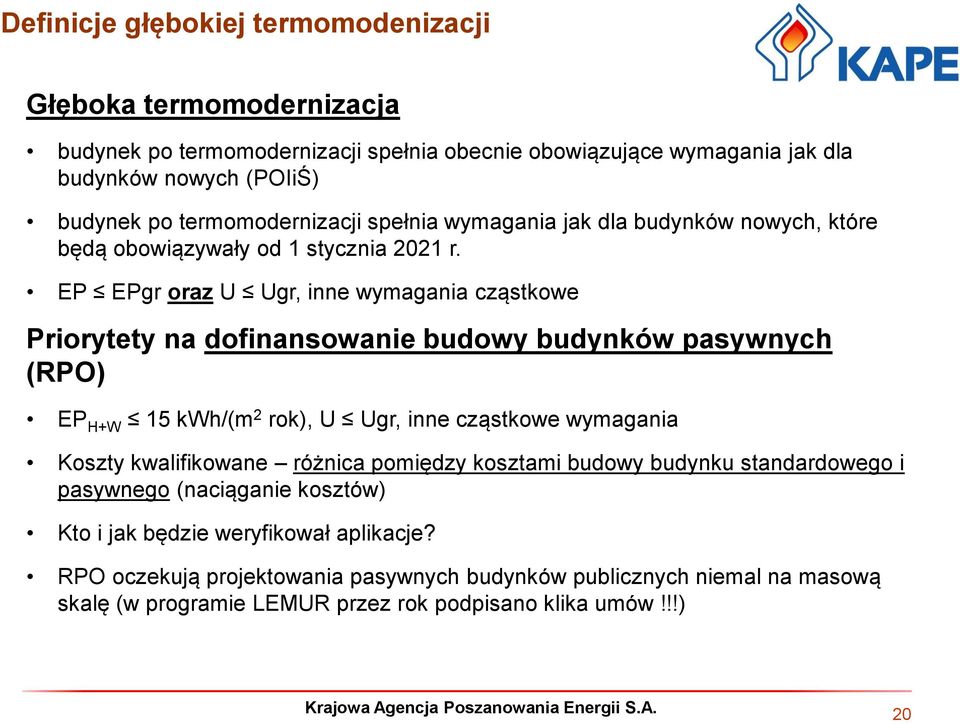 EP EPgr oraz U Ugr, inne wymagania cząstkowe Priorytety na dofinansowanie budowy budynków pasywnych (RPO) EP H+W 15 kwh/(m 2 rok), U Ugr, inne cząstkowe wymagania Koszty