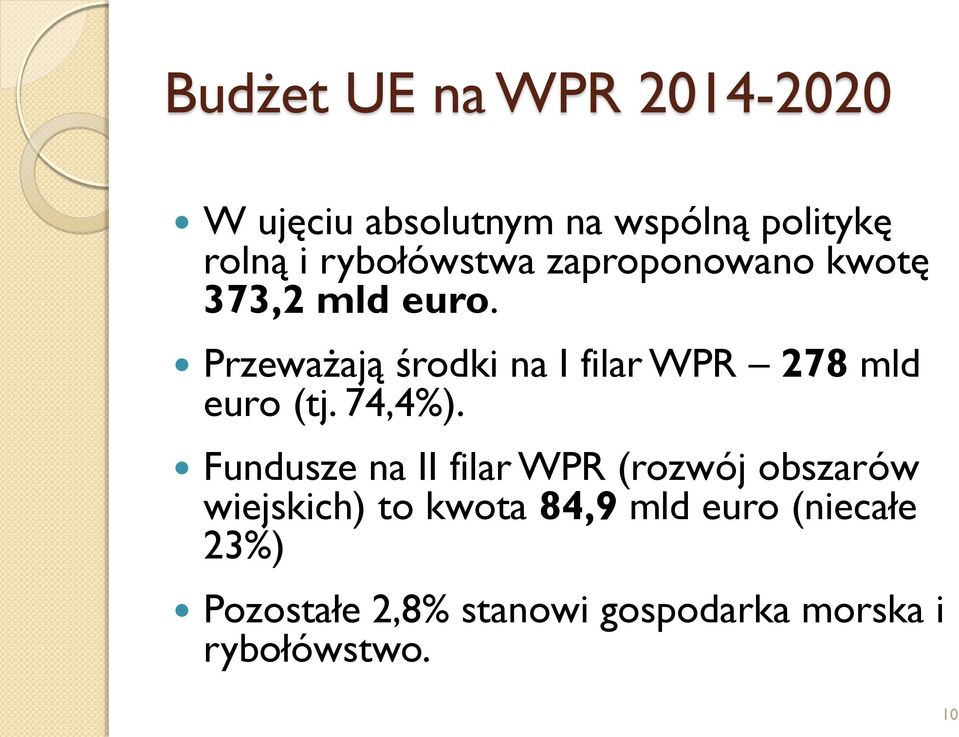 Przeważają środki na I filar WPR 278 mld euro (tj. 74,4%).