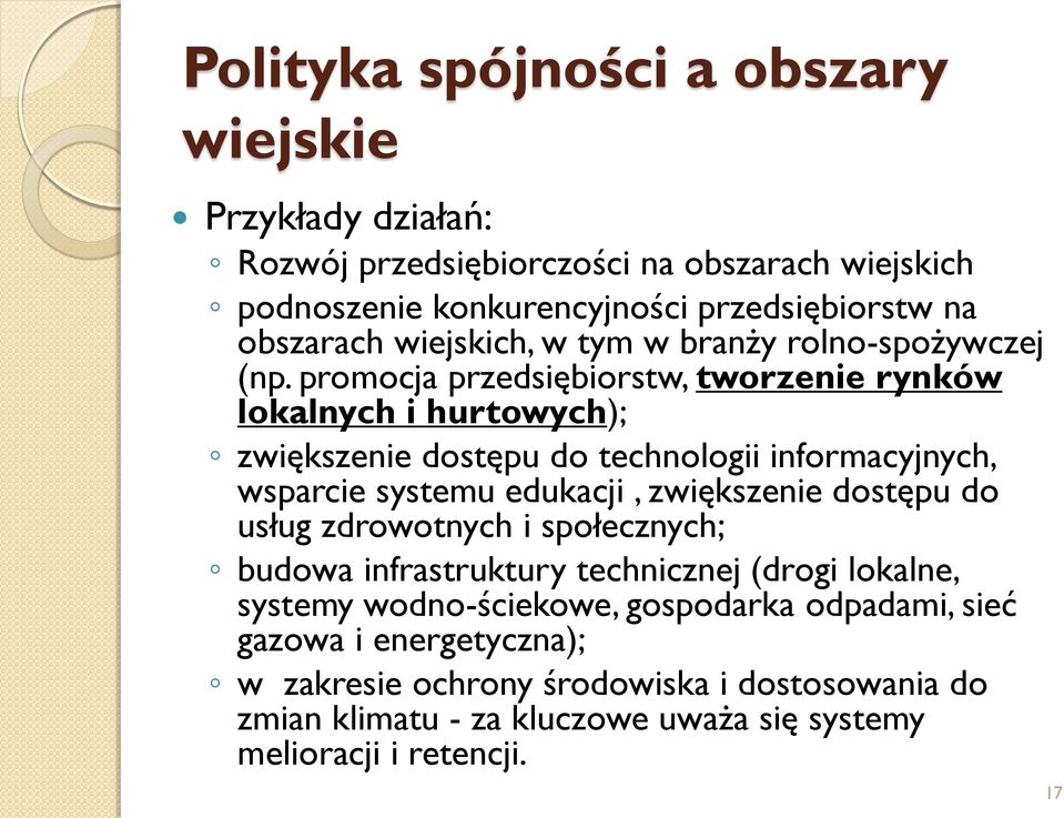 promocja przedsiębiorstw, tworzenie rynków lokalnych i hurtowych); zwiększenie dostępu do technologii informacyjnych, wsparcie systemu edukacji, zwiększenie