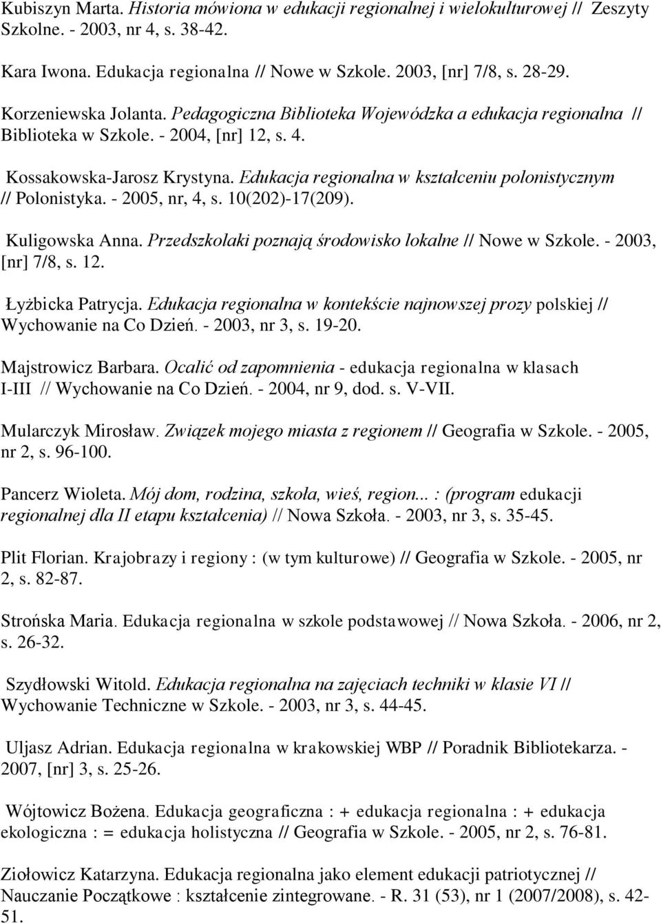 Edukacja regionalna w kształceniu polonistycznym // Polonistyka. - 2005, nr, 4, s. 10(202)-17(209). Kuligowska Anna. Przedszkolaki poznają środowisko lokalne // Nowe w Szkole. - 2003, [nr] 7/8, s. 12.