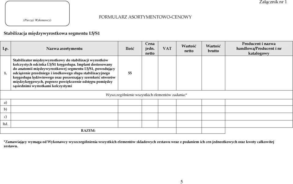 Implant dostosowany do anatomii międzywyrostkowej segmentu L5/S1, powodujący odciążenie przedniego i środkowego słupa stabilizacyjnego kręgosłupa lędźwiowego oraz poszerzający szerokość otworów
