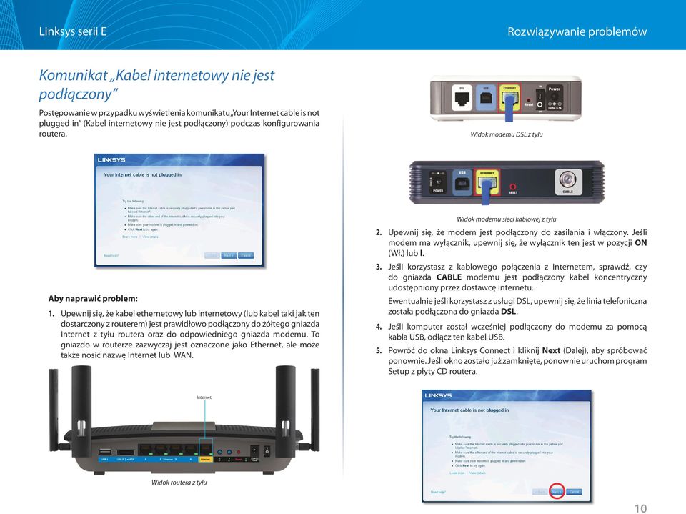 Upewnij się, że kabel ethernetowy lub internetowy (lub kabel taki jak ten dostarczony z routerem) jest prawidłowo podłączony do żółtego gniazda Internet z tyłu routera oraz do odpowiedniego gniazda