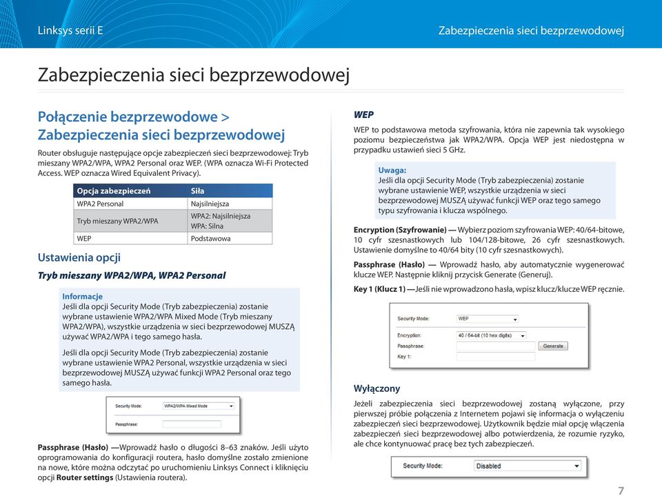 Opcja zabezpieczeń WPA2 Personal Tryb mieszany WPA2/WPA WEP Ustawienia opcji Siła Najsilniejsza WPA2: Najsilniejsza WPA: Silna Podstawowa Tryb mieszany WPA2/WPA, WPA2 Personal Informacje Jeśli dla