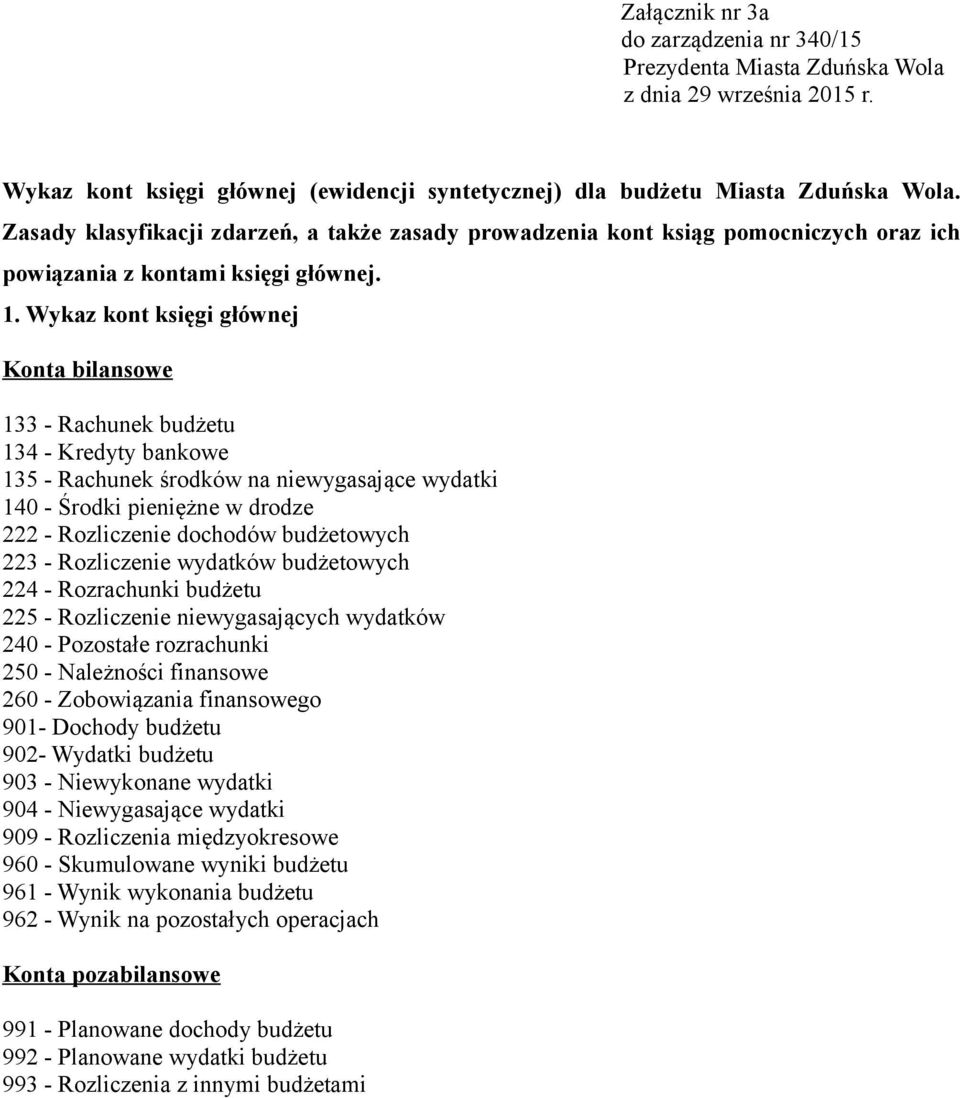 Wykaz kont księgi głównej Konta bilansowe - Rachunek budżetu 134 - Kredyty bankowe 135 - Rachunek środków na niewygasające wydatki 140 - Środki pieniężne w drodze 222 - Rozliczenie dochodów