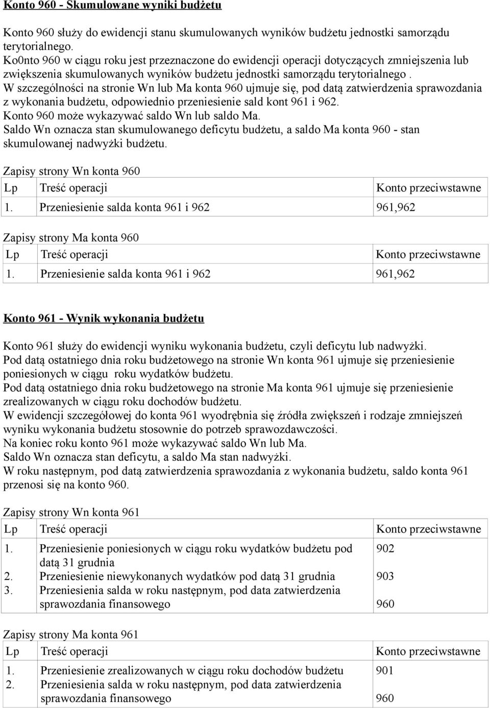 W szczególności na stronie Wn lub Ma konta 960 ujmuje się, pod datą zatwierdzenia sprawozdania z wykonania budżetu, odpowiednio przeniesienie sald kont 961 i 96 Konto 960 może wykazywać saldo Wn lub