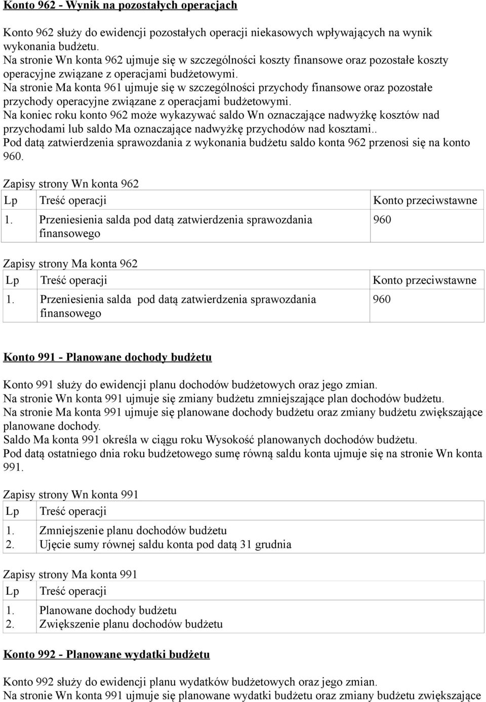 Na stronie Ma konta 961 ujmuje się w szczególności przychody finansowe oraz pozostałe przychody operacyjne związane z operacjami budżetowymi.