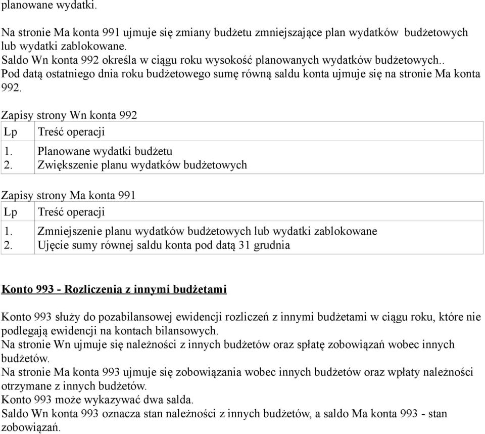 . Pod datą ostatniego dnia roku budżetowego sumę równą saldu konta ujmuje się na stronie Ma konta 99 Zapisy strony Wn konta 992 Lp Treść operacji Planowane wydatki budżetu Zwiększenie planu wydatków