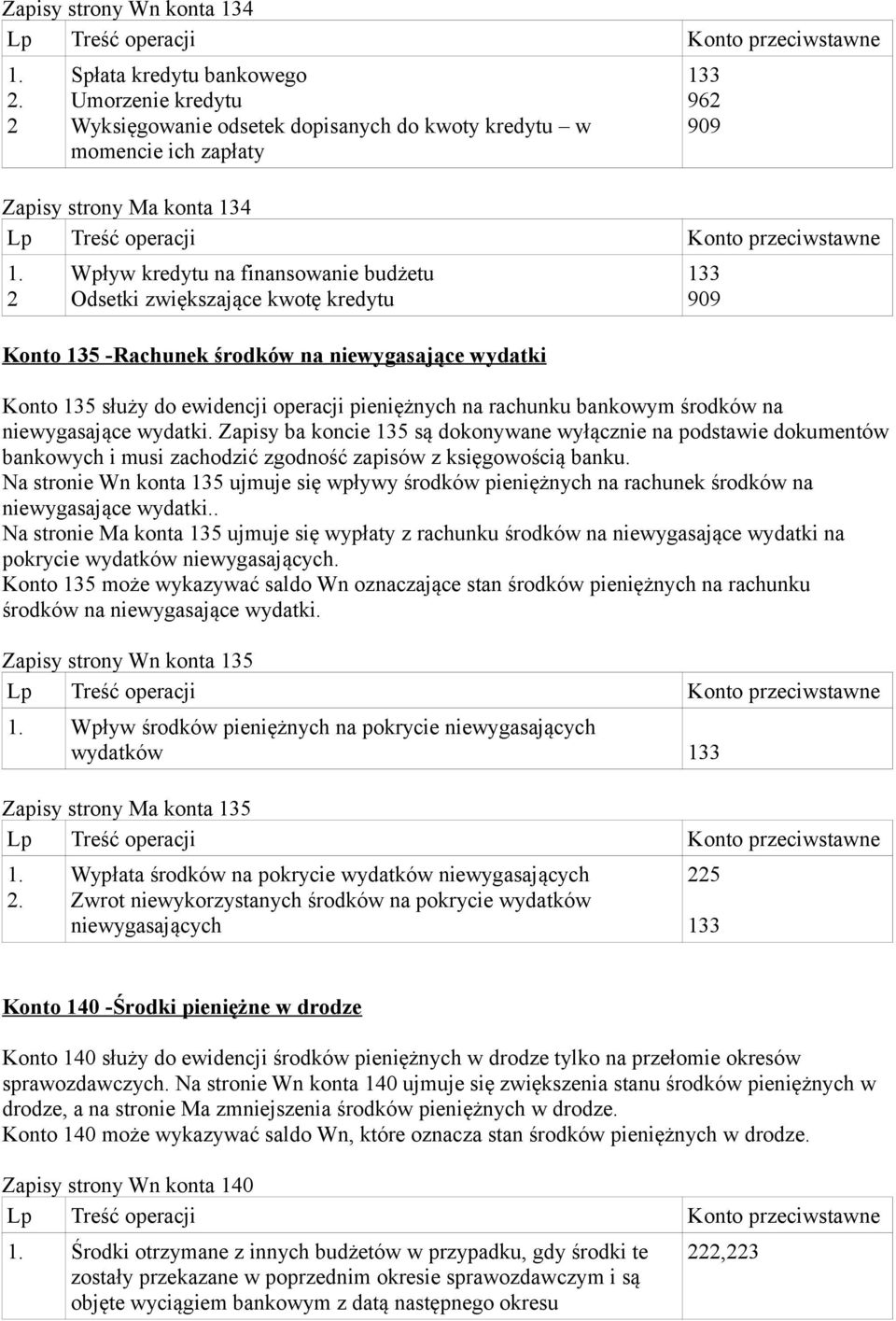 niewygasające wydatki. Zapisy ba koncie 135 są dokonywane wyłącznie na podstawie dokumentów bankowych i musi zachodzić zgodność zapisów z księgowością banku.