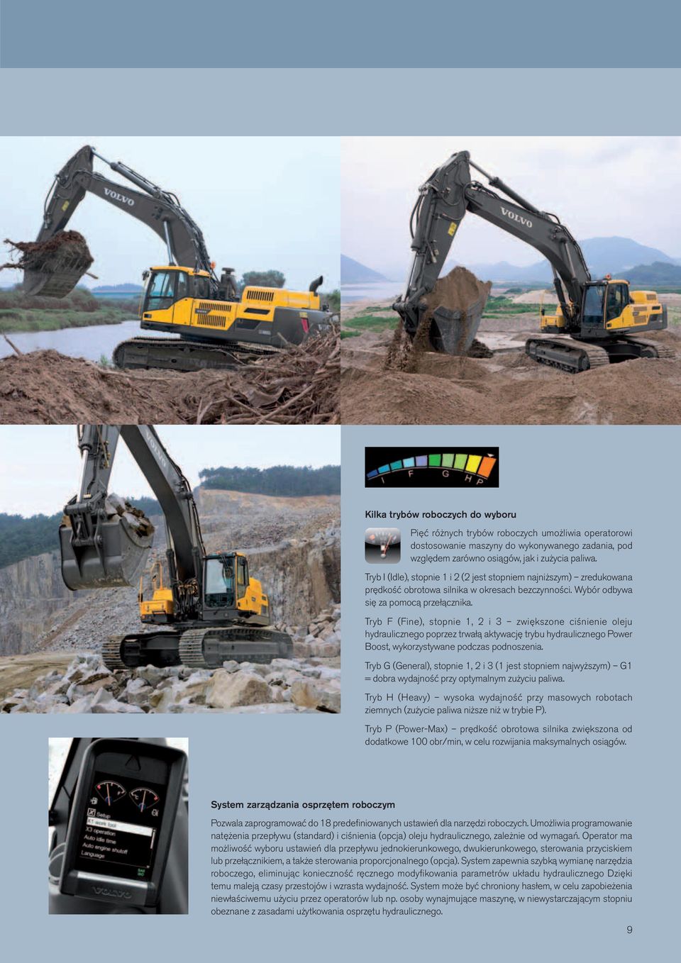 Tryb F (Fine), stopnie 1, 2 i 3 zwiększone ciśnienie oleju hydraulicznego poprzez trwałą aktywację trybu hydraulicznego Power Boost, wykorzystywane podczas podnoszenia.