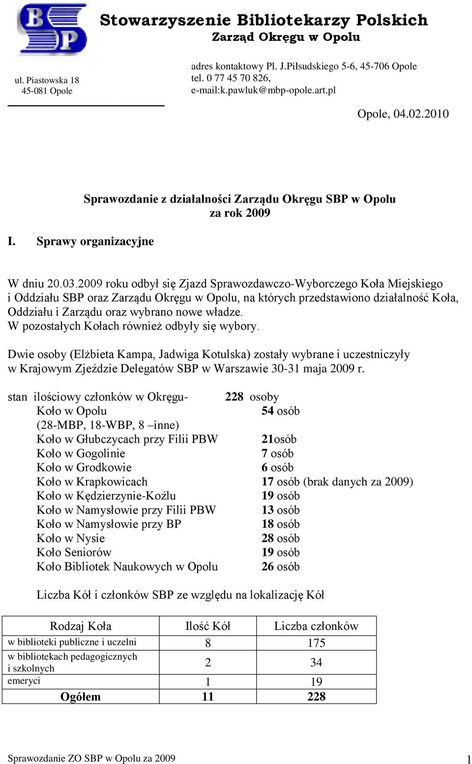 2009 roku odbył się Zjazd Sprawozdawczo-Wyborczego Koła Miejskiego i Oddziału SBP oraz Zarządu Okręgu w Opolu, na których przedstawiono działalność Koła, Oddziału i Zarządu oraz wybrano nowe władze.