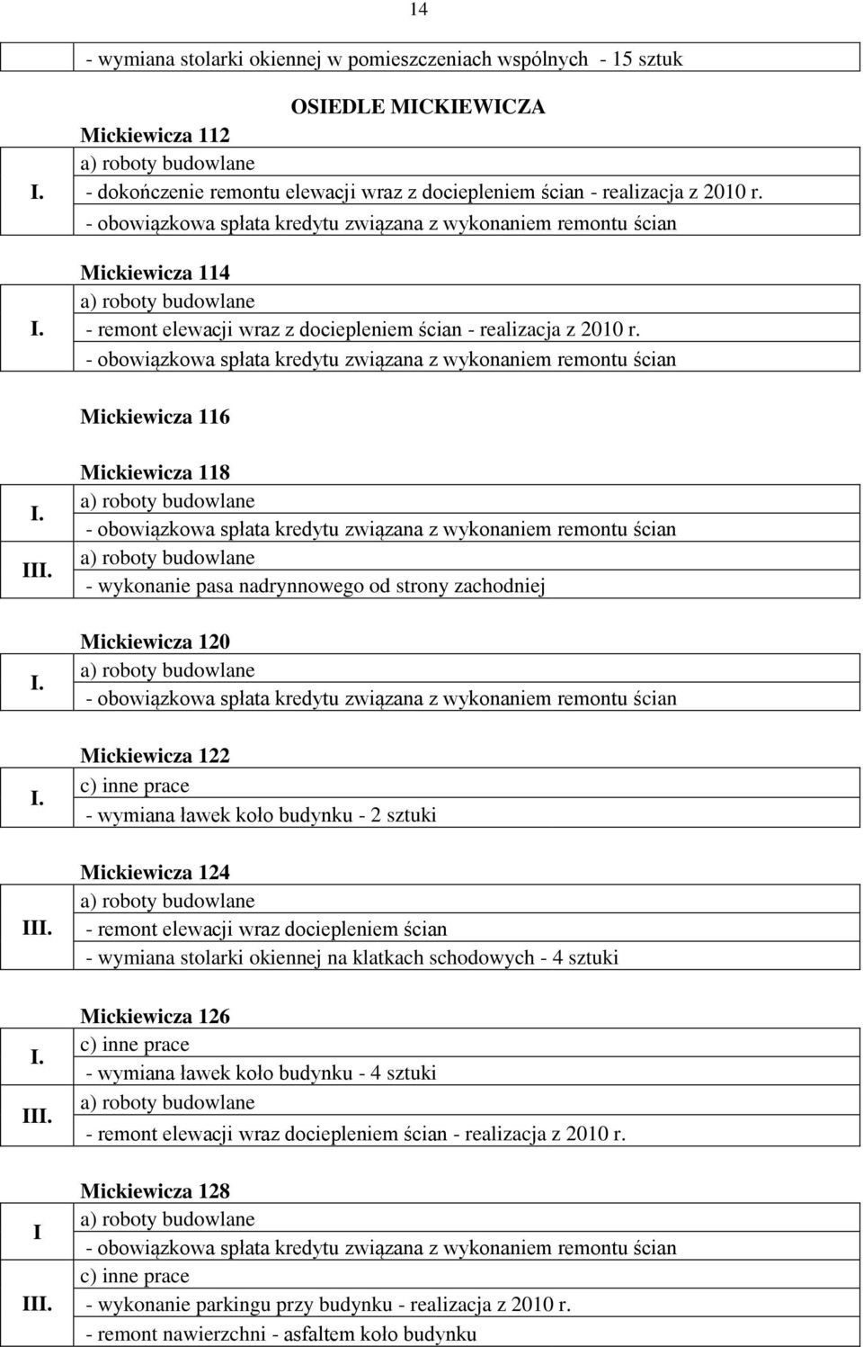 Mickiewicza 116 Mickiewicza 118 - wykonanie pasa nadrynnowego od strony zachodniej Mickiewicza 120 Mickiewicza 122 c) inne prace - wymiana ławek koło budynku - 2 sztuki Mickiewicza 124 - remont