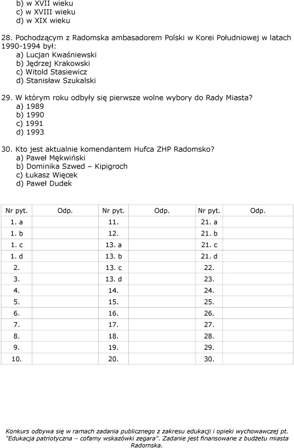 Szukalski 29. W którym roku odbyły się pierwsze wolne wybory do Rady Miasta? a) 1989 b) 1990 c) 1991 d) 1993 30. Kto jest aktualnie komendantem Hufca ZHP Radomsko?