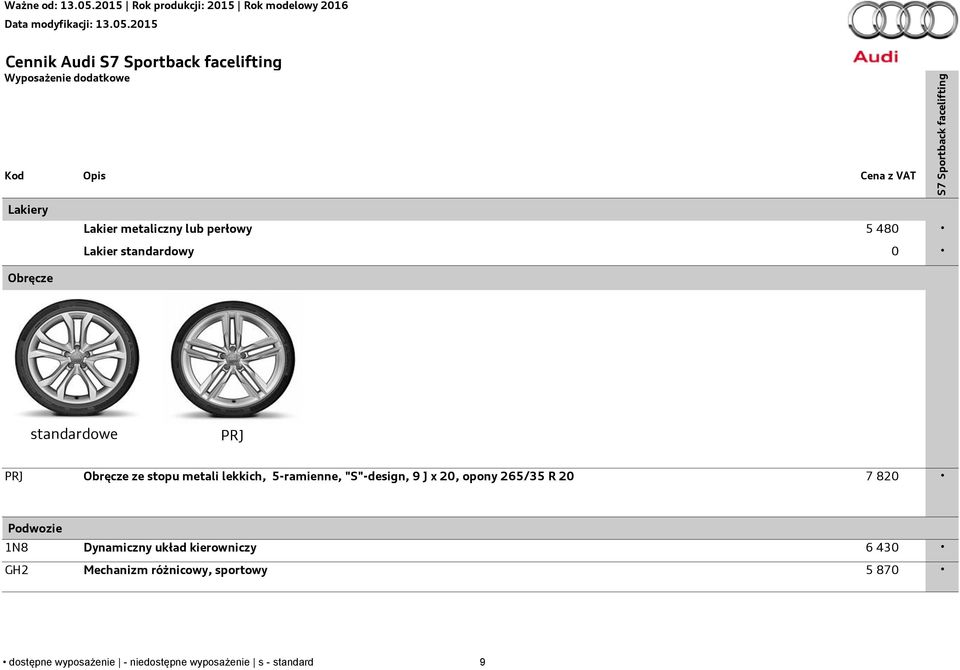 x 20, opony 265/35 R 20 7 820 Podwozie 1N8 Dynamiczny układ kierowniczy 6 430 GH2