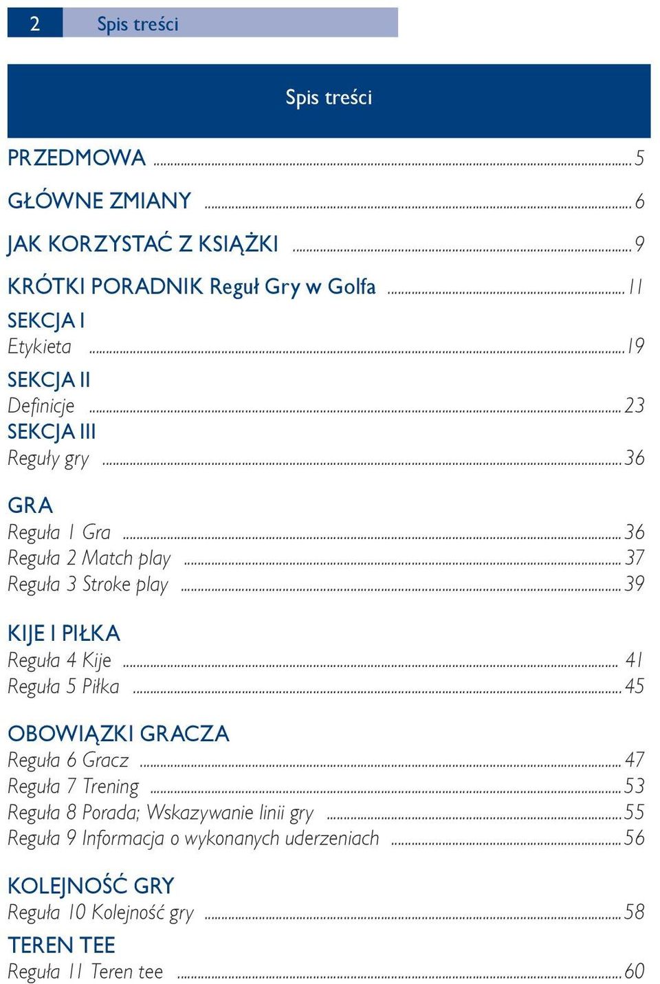 ..37 Reguła 3 Stroke play...39 KIJE I PIŁKA Reguła 4 Kije... 41 Reguła 5 Piłka...45 OBOWIĄZKI GRACZA Reguła 6 Gracz...47 Reguła 7 Trening.