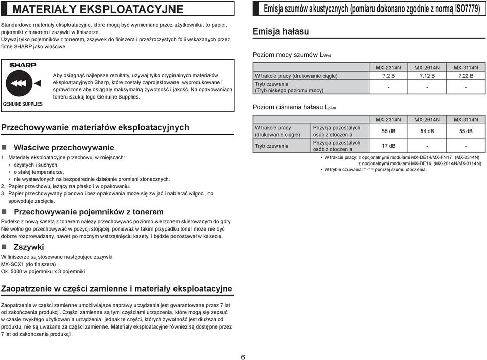 Emisja szumów akustycznych (pomiaru dokonano zgodnie z normą ISO7779) Emisja hałasu GENUINE SUPPLIES Aby osiągnąć najlepsze rezultaty, używaj tylko oryginalnych materiałów eksploatacyjnych Sharp,