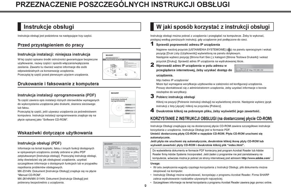 PRZEZNACZENIE POSZCZEGÓLNYCH INSTRUKCJI OBSŁUGI Instrukcje obsługi Instrukcja obsługi jest podzielona na następujące trzy części.