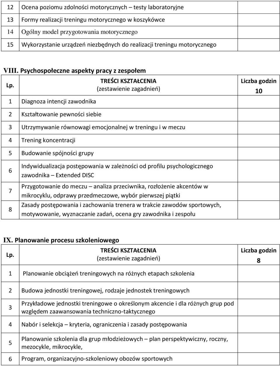 Psychospołeczne aspekty pracy z zespołem 1 Diagnoza intencji zawodnika 10 2 Kształtowanie pewności siebie 3 Utrzymywanie równowagi emocjonalnej w treningu i w meczu 4 Trening koncentracji 5 Budowanie