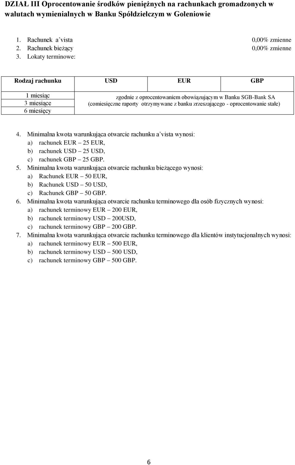 Lokaty terminowe: Rodzaj rachunku USD EUR GBP 1 miesiąc zgodnie z oprocentowaniem obowiązującym w Banku SGB-Bank SA 3 miesiące (comiesięczne raporty otrzymywane z banku zrzeszającego - oprocentowanie