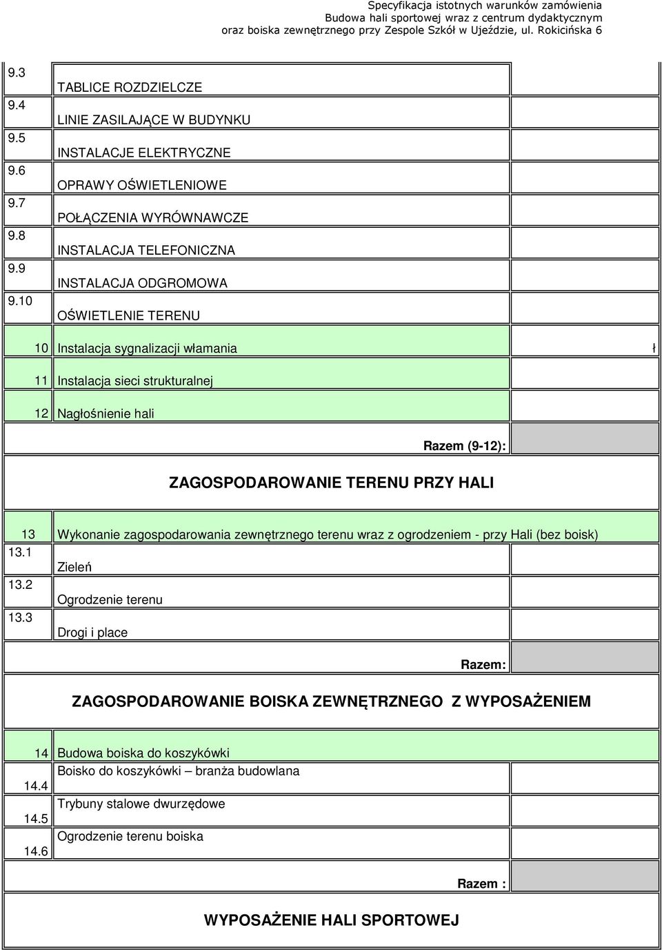 TERENU 10 Instalacja sygnalizacji włamania ł 11 Instalacja sieci strukturalnej 12 Nagłośnienie hali (9-12): ZAGOSPODAROWANIE TERENU PRZY HALI 13 Wykonanie zagospodarowania