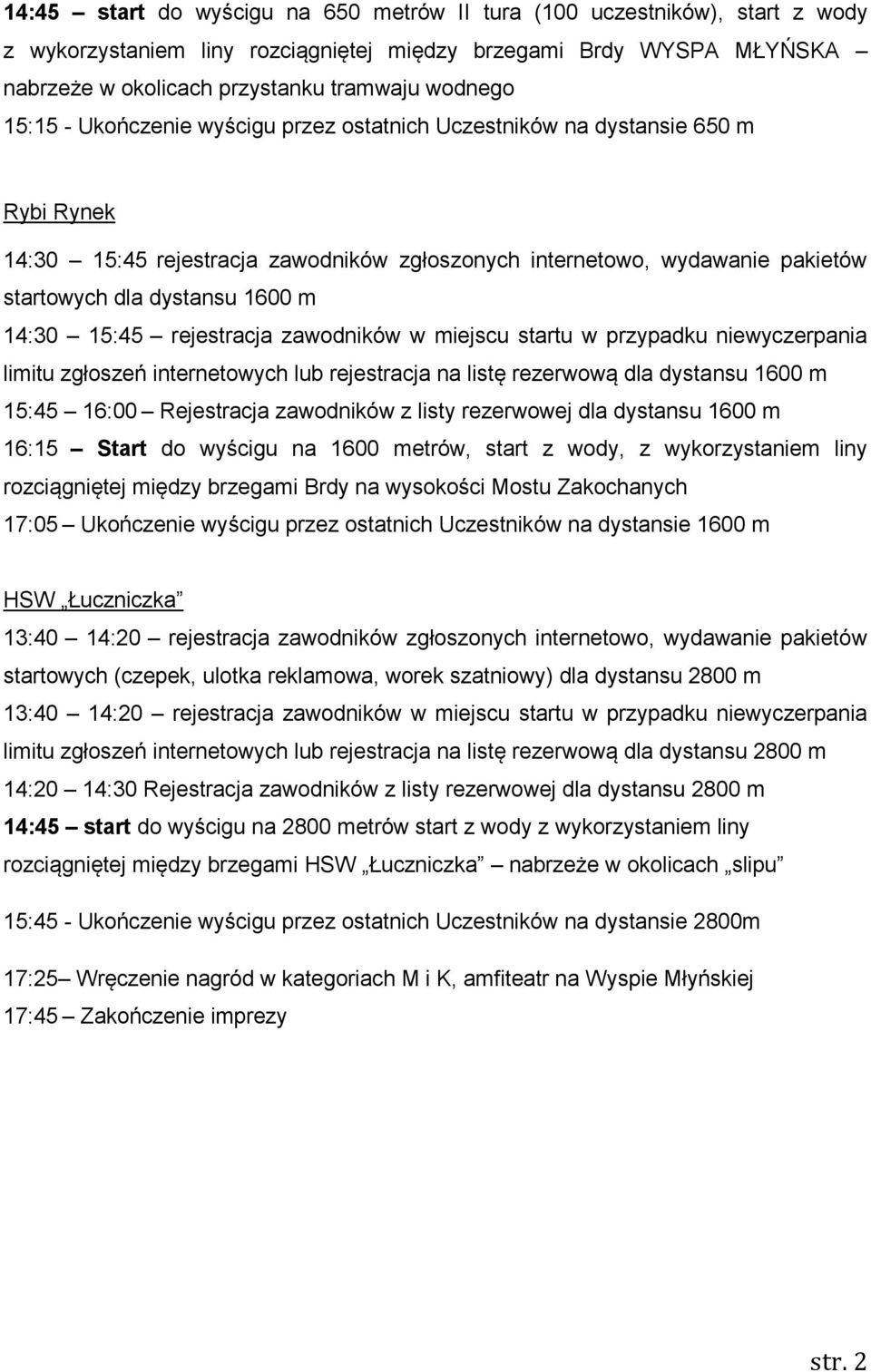 14:30 15:45 rejestracja zawodników w miejscu startu w przypadku niewyczerpania limitu zgłoszeń internetowych lub rejestracja na listę rezerwową dla dystansu 1600 m 15:45 16:00 Rejestracja zawodników