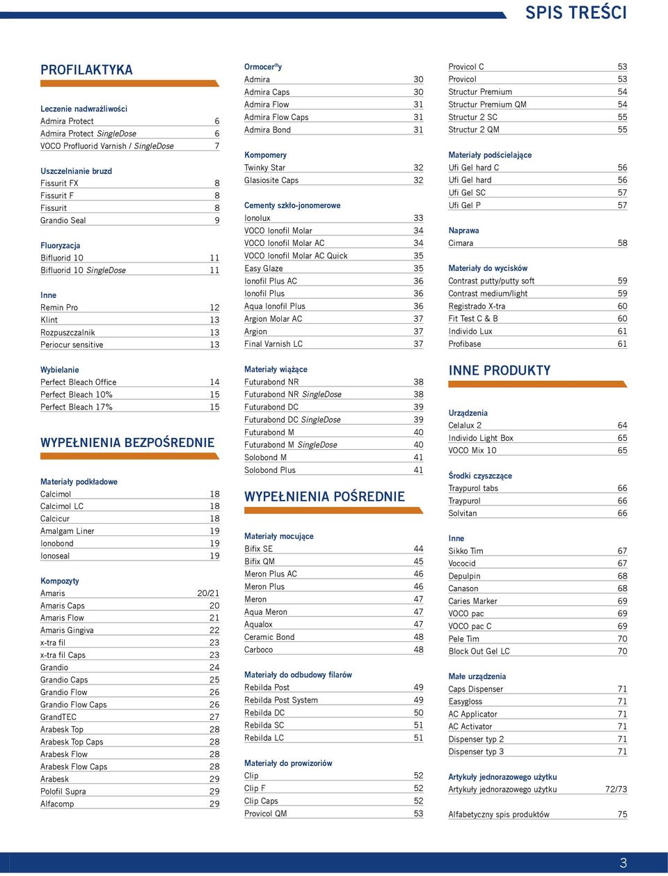 Bleach 17% 15 WYPEŁNIENIA BEZPOŚREDNIE Materiały podkładowe Calcimol 18 Calcimol LC 18 Calcicur 18 Amalgam Liner 19 Ionobond 19 Ionoseal 19 Kompozyty Amaris 20/21 Amaris Caps 20 Amaris Flow 21 Amaris