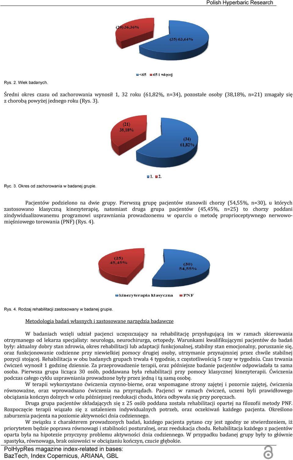 Pierwszą grupę pacjentów stanowili chorzy (54,55%, n=30), u których zastosowano klasyczną kinezyterapię, natomiast druga grupa pacjentów (45,45%, n=25) to chorzy poddani zindywidualizowanemu