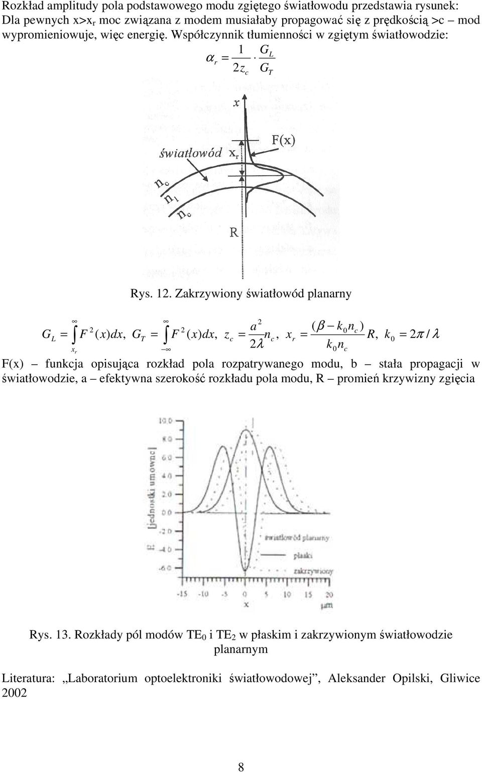 . Zkzywiony świtłowód plnny ( β k0nc ) ( x) dx, GT = F ( x) dx, zc = nc, x = R, k0 λ k n L = F x 0 c = π / λ F(x) funkcj opisując ozkłd pol ozptywnego modu, b