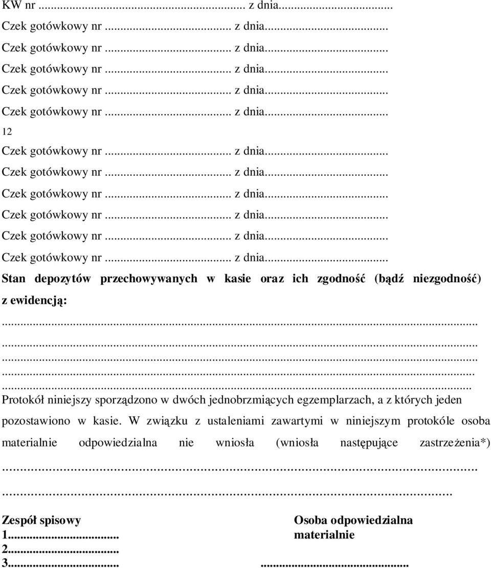 .............. Protokół niniejszy sporządzono w dwóch jednobrzmiących egzemplarzach, a z których jeden pozostawiono w kasie.